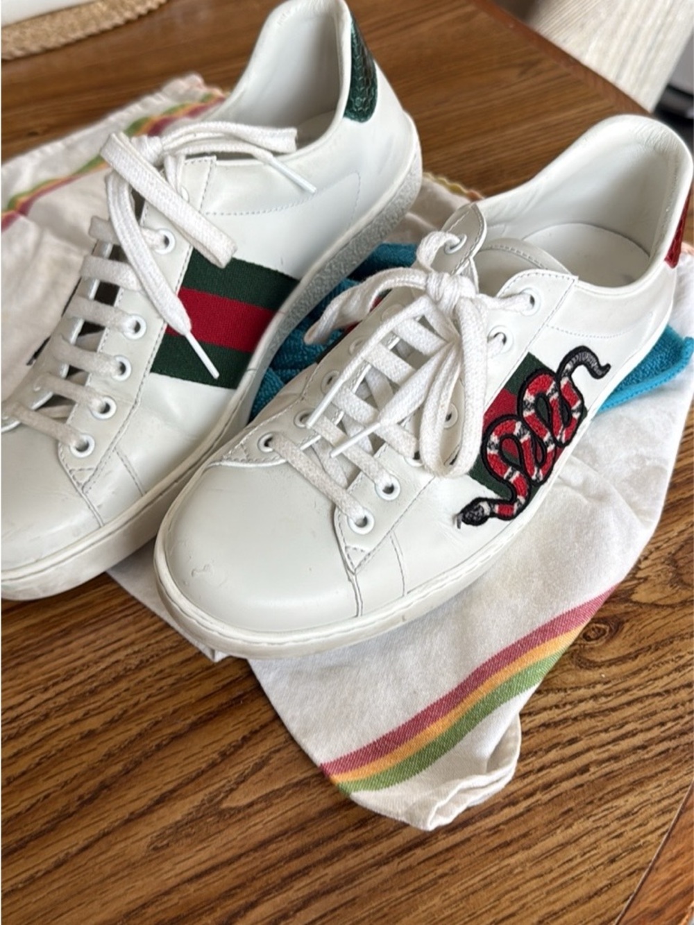 Gucci White Leather Sneakers with Red & Green Web and Snake Embroidery